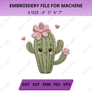 May include: An embroidery file for machine featuring a green cactus with a smiling face, pink cheeks, and two pink flowers. The design includes two small hearts and text reading EMBROIDERY FILE FOR MACHINE, 4 SIZE : 4" 5" 6" 7", DGT DST EMB PES VP3.