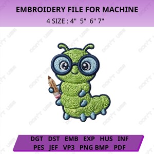 Back to School Cute Caterpillar Machine Embroidery Design, Smart Worm Scholar Glasses Patch, Student Craft