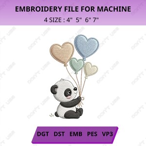 Cute Panda Bear Holding Heart Balloons Embroidery Design, Kawaii Animal Machine Embroidery Pattern, Love Baby Patch Design