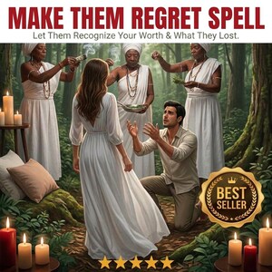May include: A digital illustration featuring the text MAKE THEM REGRET SPELL Let Them Recognize Your Worth & What They Lost. Three figures in white robes perform a ritual over a person in a white dress and a kneeling person in a beige shirt.