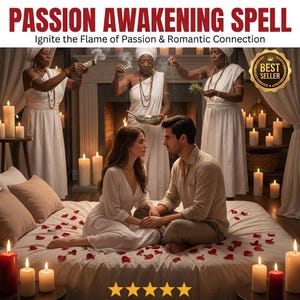 May include: A digital illustration titled PASSION AWAKENING SPELL featuring a couple sitting on a bed covered in rose petals, surrounded by three figures in white robes performing a ritual with smoke and herbs, with many lit candles and five stars.