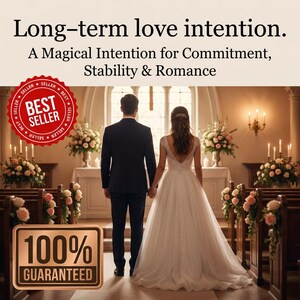 Może przedstawiać: Para stoi przy ołtarzu w kościele, z tekstem Long-term love intention. A Magical Intention for Commitment, Stability & Romance, czerwoną odznaką Best Seller oraz brązową odznaką 100% Guaranteed nałożonymi na obraz.