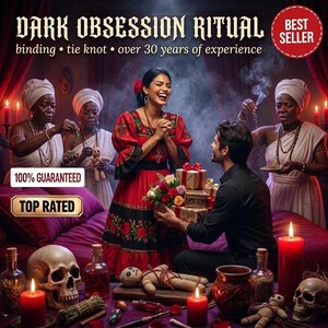 May include: A digital illustration titled DARK OBSESSION RITUAL featuring a person in a red dress receiving gifts from another person, surrounded by three figures in white headwraps, skulls, red candles, voodoo dolls, and smoke.