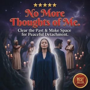 May include: A digital graphic featuring five gold stars and the text No More Thoughts of Me. Clear the Past & Make Space for Peaceful Detachment. A central figure in a dark blue robe stands before a man and two women in light robes amidst candles.
