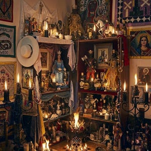 Puede incluir: Un altar de varios niveles con numerosas estatuas religiosas, iconos enmarcados y tapices. La disposición incluye velas encendidas, una calavera central y diversas ofrendas dispuestas sobre estantes.