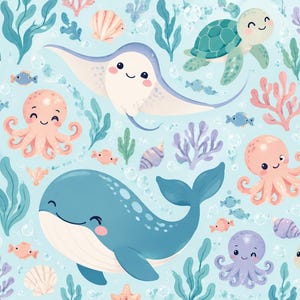 May include: A repeating pattern on a light blue background featuring cartoon sea creatures including blue whales, pink octopuses, green sea turtles, and stingrays, interspersed with colourful coral, seashells, starfish, and small fish.