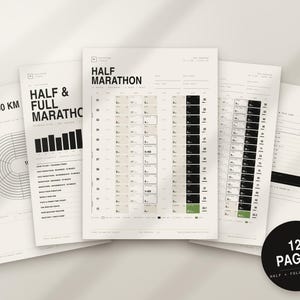 Puede incluir: Un conjunto de páginas de planificador de entrenamiento impresas para medias maratones y maratones, con un diagrama de pista de 1000 km, gráficos de barras y horarios estructurados. Los documentos incluyen encabezados como Half Marathon y 12 Pages.