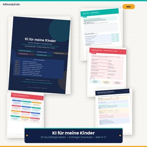 May include: A collection of educational printables for children, featuring a dark blue cover with the title "KI für meine Kinder". The image includes several worksheets with colorful layouts and text. The product is designed for ages 6-17.