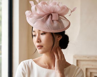 Blush Pink Fascinator Hat for Women, Wide Brim Kentucky Derby Headpiece, Wedding Guest Hat, Garden Party Tea Party Hat