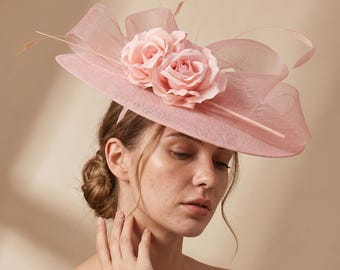 Sombrero tocado con rosas rosas, sombrero de ala ancha para el Derby de Kentucky, sombrero para invitada de boda, fiesta de té Royal Ascot
