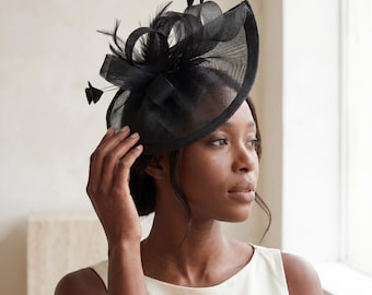 Black Fascinator Hat for Women, Elegant Cocktail Headpiece, Kentucky Derby Hat, Wedding Guest Hat, Ladies Day Race Accessory