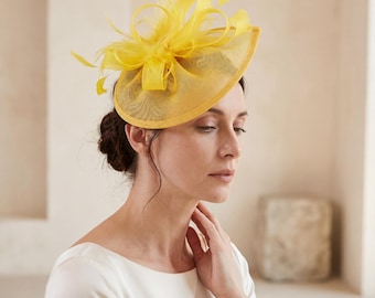 Yellow Fascinator Hat for Women, Bright Kentucky Derby Headpiece, Wedding Guest Hat, Tea Party Hat, Royal Ascot Race Day