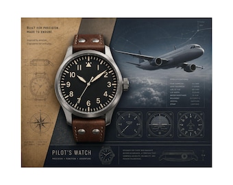 Póster de reloj de piloto, arte mural de relojería de aviación moderna, lámina de relojería