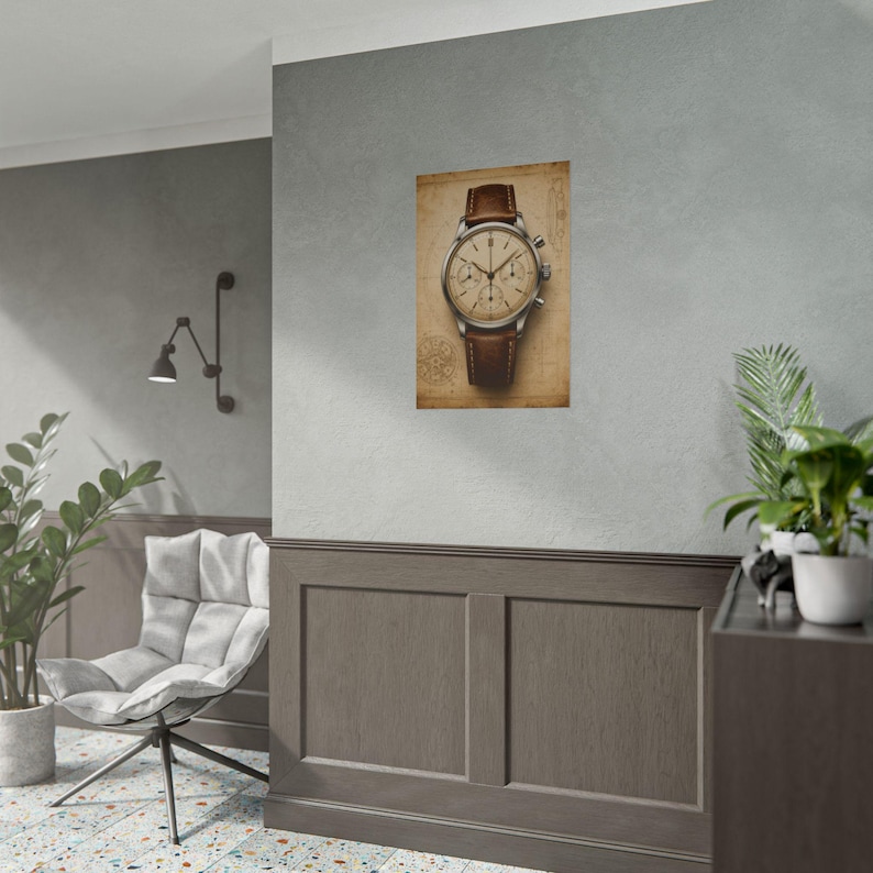 Póster de reloj cronógrafo vintage, arte mural de reloj mecánico, lámina de relojería, decoración para coleccionistas imagen 2