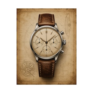 Póster de reloj cronógrafo vintage, arte mural de reloj mecánico, lámina de relojería, decoración para coleccionistas imagen 1