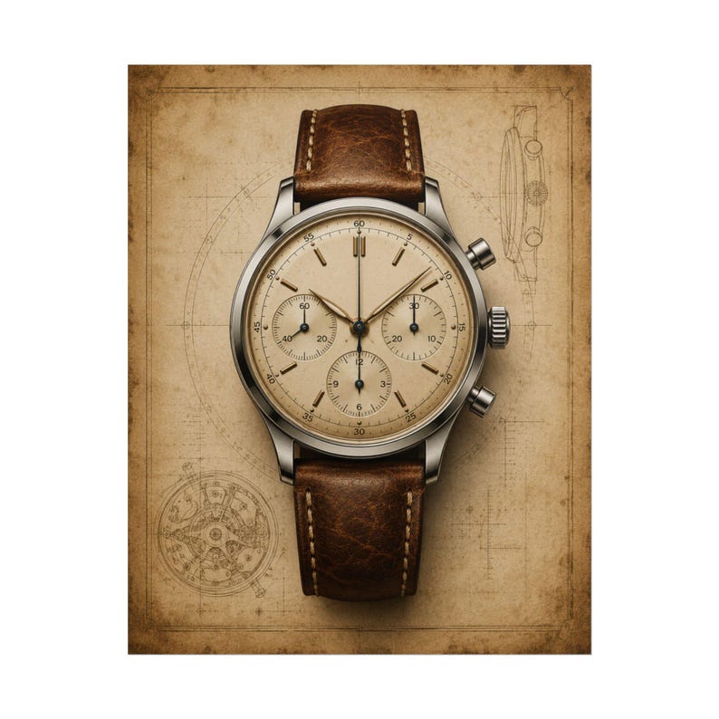 Póster de reloj cronógrafo vintage, arte mural de reloj mecánico, lámina de relojería, decoración para coleccionistas imagen 1