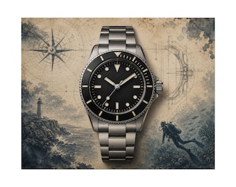 Póster de reloj de buceo vintage, arte mural de reloj náutico oceánico, lámina de relojería