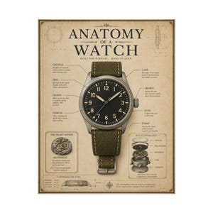 Anatomy of a Watch Poster, Vintage Horology Diagram Wall Art, Mechanical Timepiece Print image 1