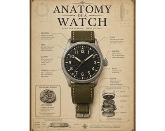 Anatomy of a Watch Poster, Vintage Horology Diagram Wall Art, Mechanical Timepiece Print