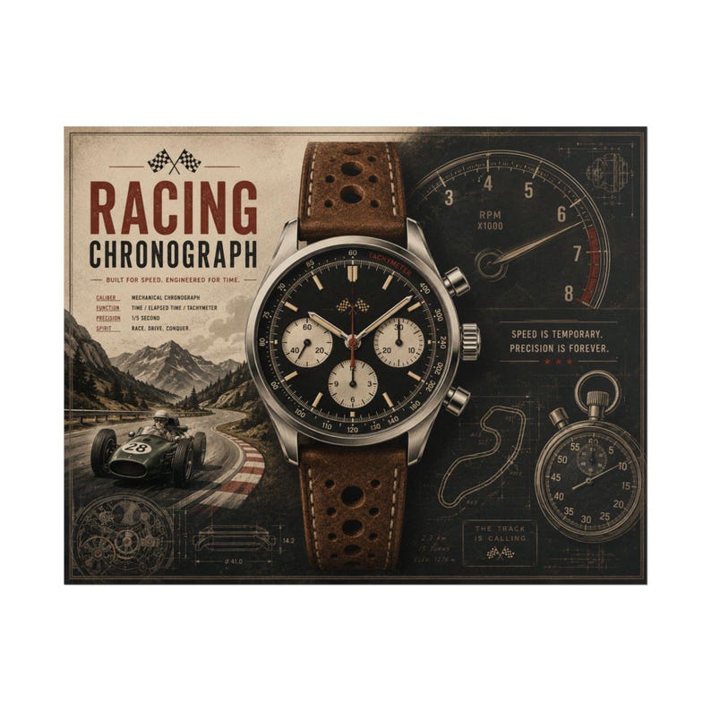 Racing Chronograph Poster, Motorsport Watch Wall Art, Vintage Horology Poster Print image 1