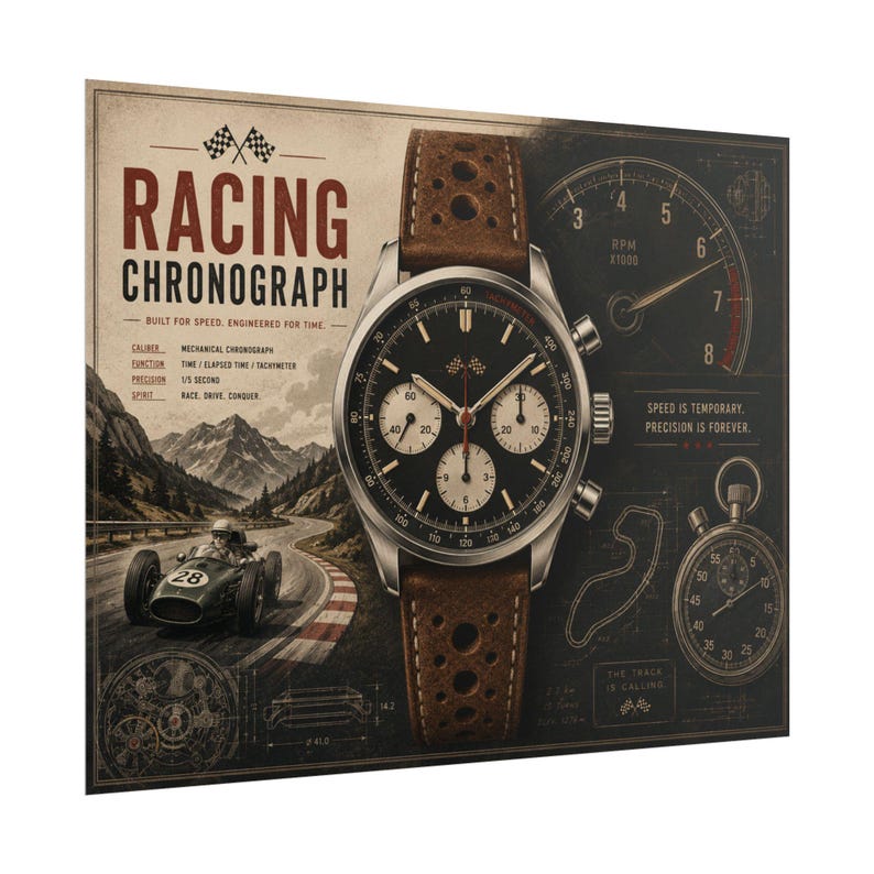 Racing Chronograph Poster, Motorsport Watch Wall Art, Vintage Horology Poster Print image 3