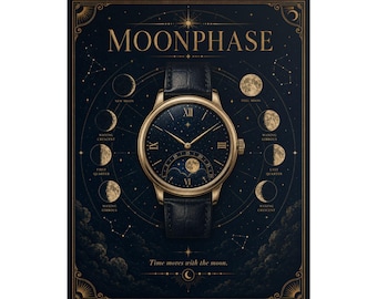 Póster de reloj con fases lunares, arte mural de relojería celestial, lámina de reloj vintage