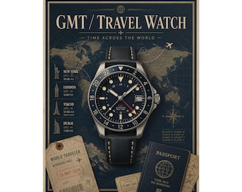 Póster de reloj de viaje GMT, arte de relojería vintage de hora mundial, lámina para coleccionistas de relojes