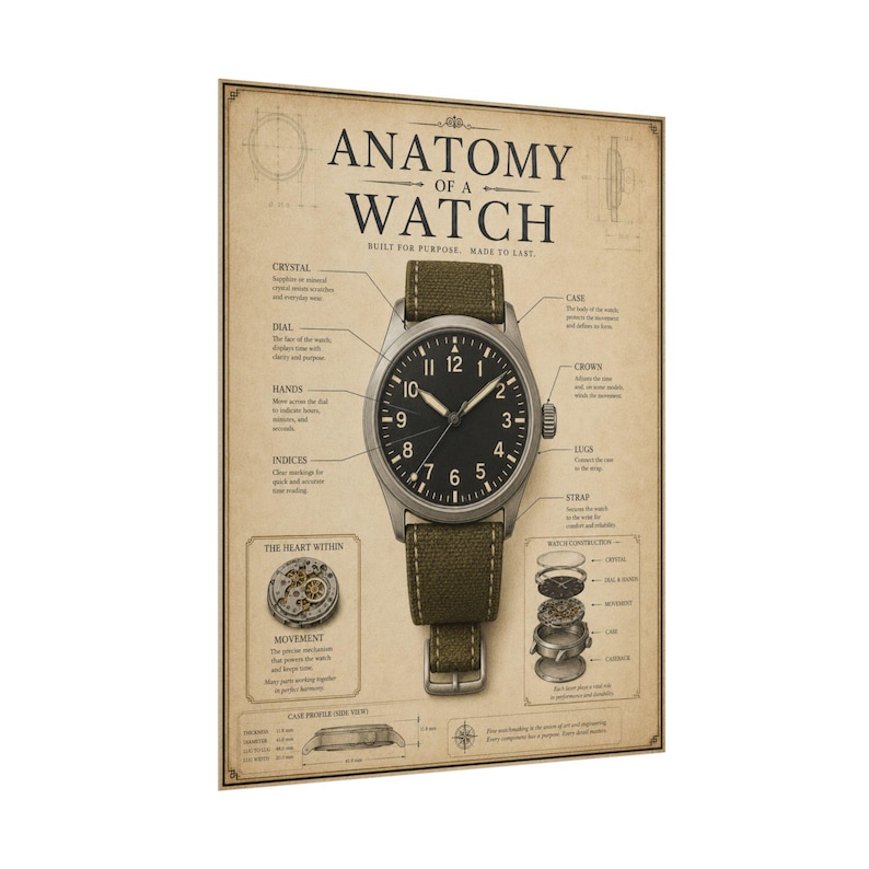 Anatomy of a Watch Poster, Vintage Horology Diagram Wall Art, Mechanical Timepiece Print image 3