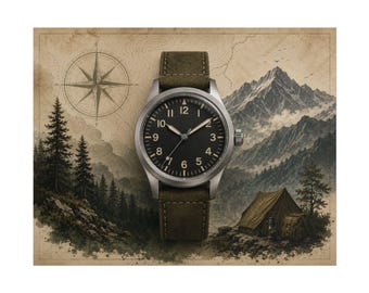 Field Watch Poster, Mountain Adventure Timepiece Wall Art, Vintage Horology Print
