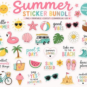 May include: A collection of colorful summer-themed stickers. Designs include a smiling sun, sunglasses, a flamingo float, a beach ball, a watermelon slice, and text like "Hello Summer" and "Good Vibes".
