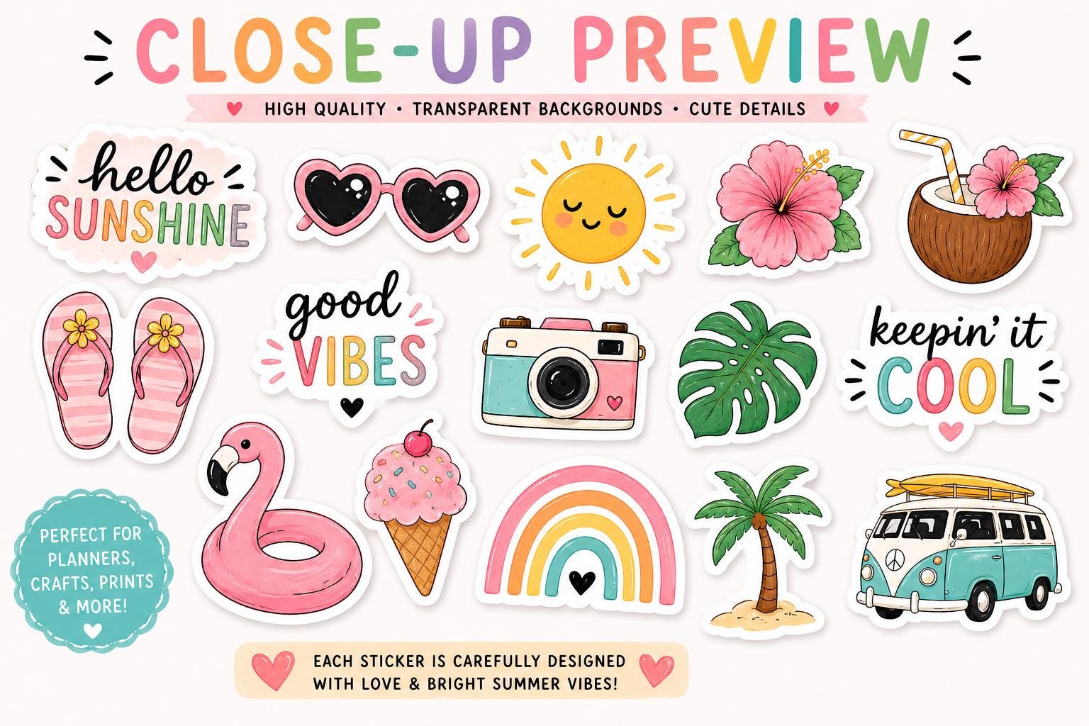Sticker Ready To Use 45+ Summer Digital Stickers PNG Bundle | Cute Pastel Planner Stickers ...