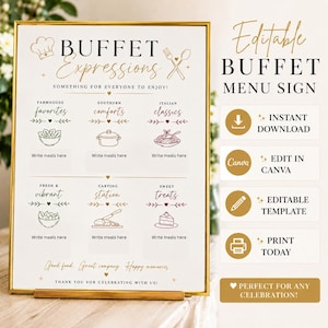 May include: A rectangular buffet menu sign in a gold frame with white background and black and gold text. It features sections for Farmhouse Favorites, Southern Comforts, Italian Classics, Fresh and Vibrant, Carving Station, and Sweet Treats.