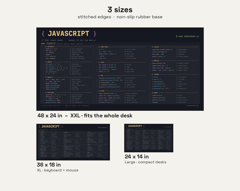 May include: A dark grey desk mat featuring a JavaScript cheat sheet with code snippets and syntax. The mat has stitched edges and a non-slip rubber base. It is available in three sizes: 122 x 61 cm, 91 x 46 cm, and 61 x 36 cm.