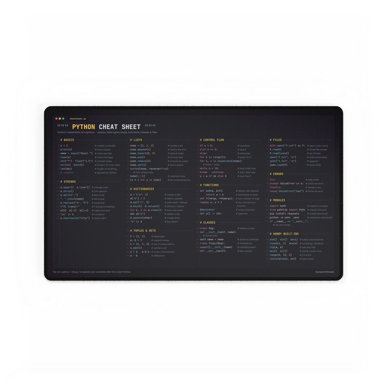 Python Cheat Sheet Desk Mat, Programmer Mouse Pad, Coding Desk Pad, Python Developer Gift, Computer Science Student Gift, Large 24x14 image 2