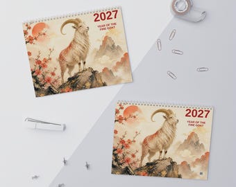 Year of the Goat 2027 Wall Calendar, Fire Goat Chinese Zodiac Calendar, Lunar New Year Gift, Chinese New Year Decor, Asian Art Calendar 2027