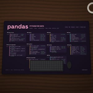 K&ouml;nnte beinhalten: Eine dunkel gestaltete Schreibtischunterlage mit einem Pandas Python-Daten-Spickzettel, der Code-Schnipsel zum Importieren, Inspizieren, Ausw&auml;hlen, Bereinigen, Gruppieren, Transformieren und Plotten von Daten enth&auml;lt, inklusive Tastatur und Maus.