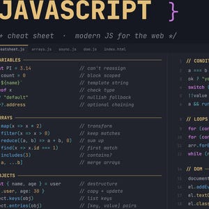 May include: A dark-themed JavaScript cheat sheet displaying code snippets for variables, arrays, objects, conditions, loops, and DOM manipulation. The text includes headers like JAVASCRIPT, ES6+ cheat sheet, and various programming syntax examples.