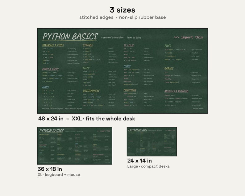 Python Basics Cheat Sheet Desk Mat, Beginner Coding Large Desk Pad, Chalkboard Programmer Gift, Computer Science Student Mouse Pad image 3