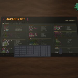 May include: A black rectangular desk mat featuring a comprehensive JavaScript cheat sheet with code snippets, syntax, and functions printed in white, yellow, and red text. A dark grey computer keyboard and a small mouse sit on the mat.
