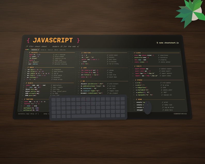 May include: A black rectangular desk mat featuring a comprehensive JavaScript cheat sheet with code snippets, syntax, and functions printed in white, yellow, and red text. A dark grey computer keyboard and a small mouse sit on the mat.