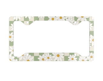 Retro Daisy Checkered License Plate Frame, Sage Green Floral Car Accessory