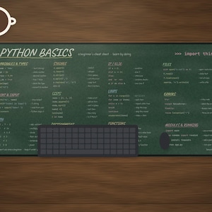 Python Basics Cheat Sheet Desk Mat, Beginner Coding Large Desk Pad, Chalkboard Programmer Gift, Computer Science Student Mouse Pad