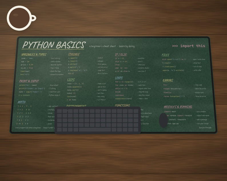 Python Basics Cheat Sheet Desk Mat, Beginner Coding Large Desk Pad, Chalkboard Programmer Gift, Computer Science Student Mouse Pad image 1