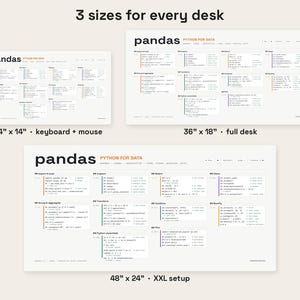 K&ouml;nnte beinhalten: Drei wei&szlig;e Schreibtischunterlagen mit dem pandas Python for data Cheat Sheet und Code-Schnipseln. Die Unterlagen sind mit den Ma&szlig;en 24" x 14", 36" x 18" und 48" x 24" f&uuml;r verschiedene Schreibtisch-Setups und Tastaturgr&ouml;&szlig;en beschriftet.