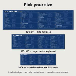 Pode incluir: Tr&ecirc;s tapetes de secret&aacute;ria retangulares com um design de folha de dicas de programa&ccedil;&atilde;o Python em azul e branco. Os tamanhos incluem 122 por 61 cm, 91 por 46 cm e 61 por 36 cm. Cada tapete tem bordas costuradas e base de borracha antiderrapante.