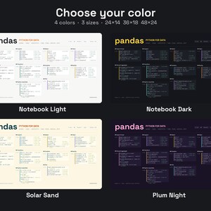 K&ouml;nnte beinhalten: Ein rechteckiges Referenzposter mit dem Titel pandas PYTHON FOR DATA, das Code-Schnipsel in vier Farbschemata zeigt: Notebook Light, Notebook Dark, Solar Sand und Plum Night. Der Text enth&auml;lt 4 Farben, 3 Gr&ouml;&szlig;en, 24x14, 36x18 und 48x24.