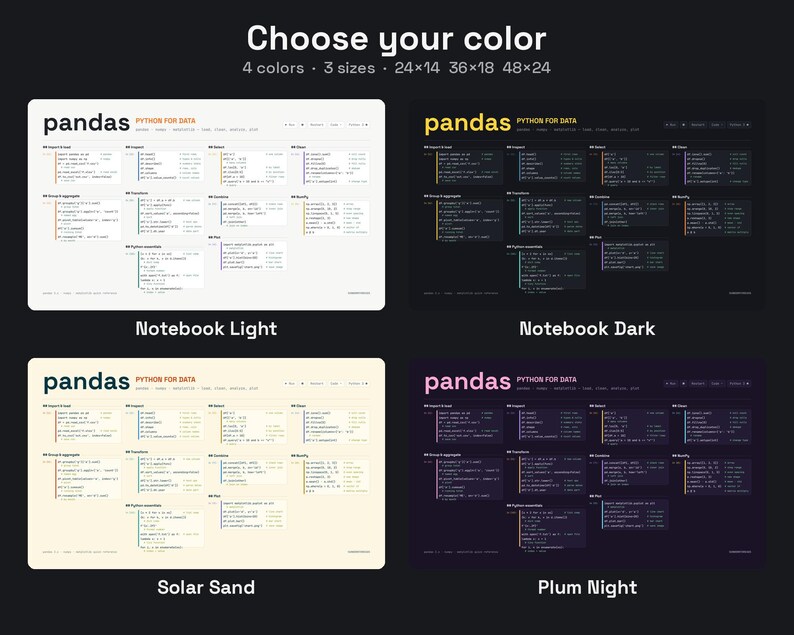 K&ouml;nnte beinhalten: Ein rechteckiges Referenzposter mit dem Titel pandas PYTHON FOR DATA, das Code-Schnipsel in vier Farbschemata zeigt: Notebook Light, Notebook Dark, Solar Sand und Plum Night. Der Text enth&auml;lt 4 Farben, 3 Gr&ouml;&szlig;en, 24x14, 36x18 und 48x24.