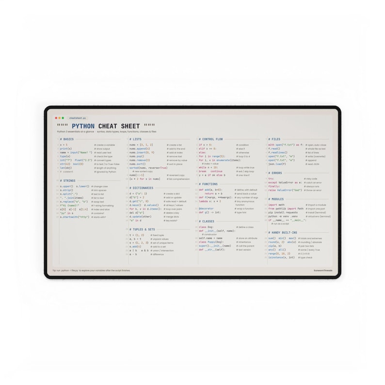 Python Cheat Sheet Desk Mat, Programmer Mouse Pad, Coding Desk Pad, Python Developer Gift, Computer Science Student Gift, Large 24x14 image 1