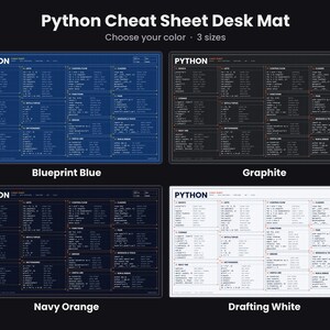 Pode incluir: Quatro tapetes de secret&aacute;ria retangulares com uma folha de dicas de programa&ccedil;&atilde;o Python com fragmentos de c&oacute;digo organizados em sec&ccedil;&otilde;es como Basics, Lists e Functions. Dispon&iacute;veis nas cores Blueprint Blue, Graphite, Navy Orange e Drafting White.