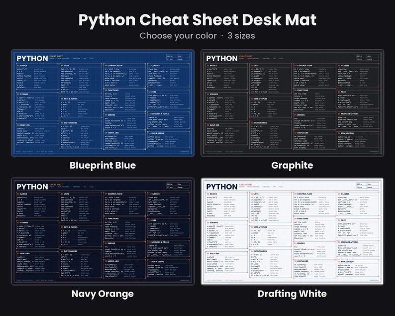 Pode incluir: Quatro tapetes de secret&aacute;ria retangulares com uma folha de dicas de programa&ccedil;&atilde;o Python com fragmentos de c&oacute;digo organizados em sec&ccedil;&otilde;es como Basics, Lists e Functions. Dispon&iacute;veis nas cores Blueprint Blue, Graphite, Navy Orange e Drafting White.
